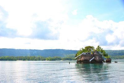 Scenic view of lake against cloudy sky