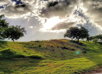 Scenic view of grassy field against cloudy sky