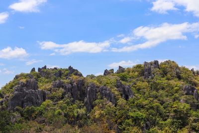 Panoramic view of rocks and trees against sky