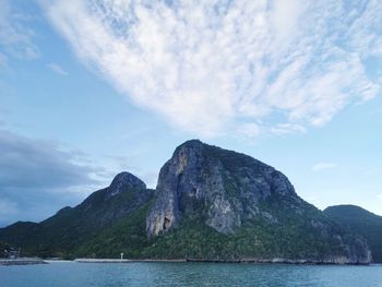 Scenic view of sea and mountains against sky