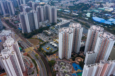 High angle view of modern buildings in city