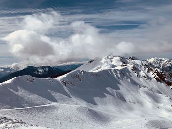 Scenic view of snow covered mountains against sky