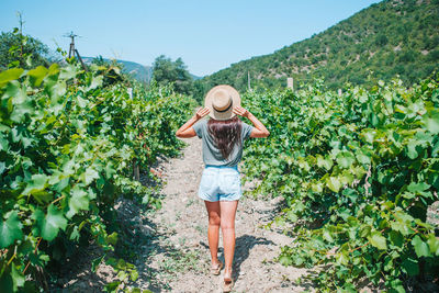 Full length of woman standing by plants