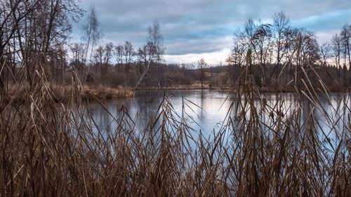 Scenic view of lake against cloudy sky