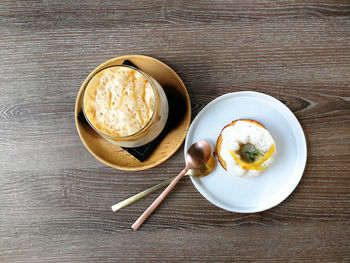 High angle view of breakfast on table