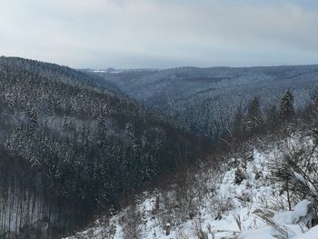 Scenic view of snow covered mountains against sky