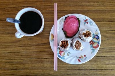 High angle view of food on wooden table