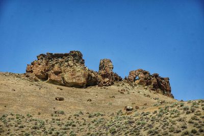 Low angle view of rock formations against clear blue sky