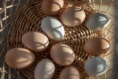 Basket of natural brown and bluish chicken eggs from local farmer's market