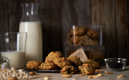 Close-up of cookies and coffee on table