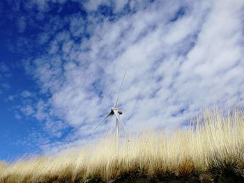 Low angle view of wind turbines on field against sky