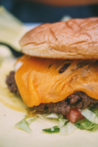 Close-up of burger on table