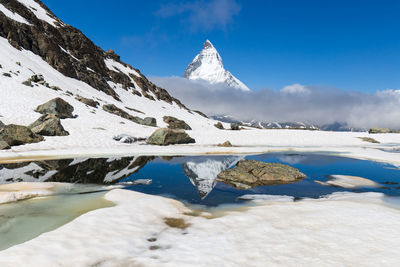 Scenic view of snowcapped mountains by lake against sky