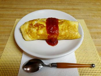 High angle view of breakfast in plate on table