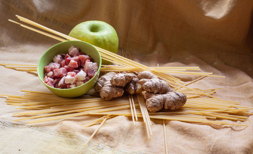 High angle view of fruits and vegetables on table