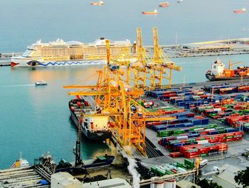 High angle view of ship moored at harbor