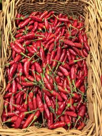 Directly above shot of red chili peppers in basket