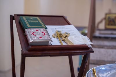 Close-up of religious books