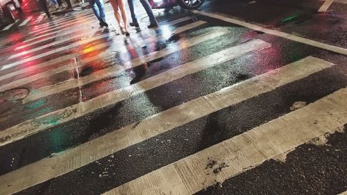 High angle view of wet road at night