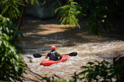 Rear view of man sitting on riverbank