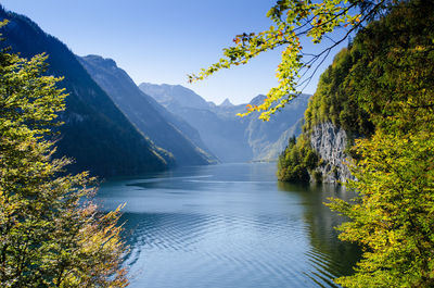 Scenic view of river by tree mountains against sky