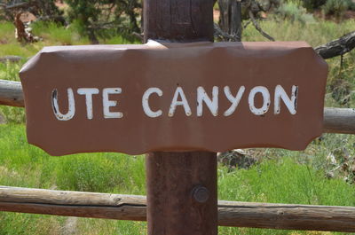 Close-up of sign board on tree