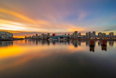 Scenic view of buildings against sky during sunset