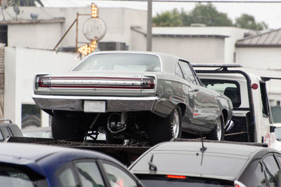 A view of a classic vintage american muscle car in the street