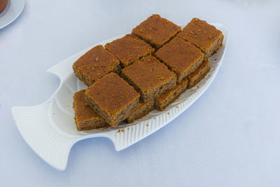 High angle view of cake in plate on table