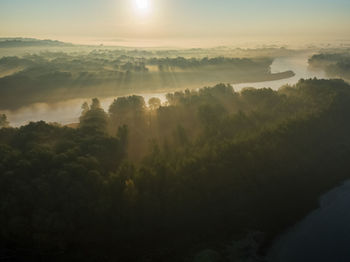 Aerial view of morning sunrise on the drava river