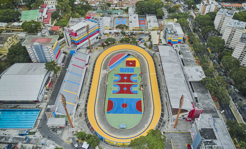 High angle view of buildings in city