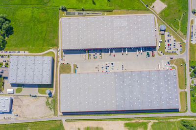 Aerial view of goods warehouse. logistics center in industrial city zone from above. aerial view 