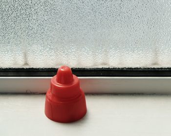 High angle view of bottle on table