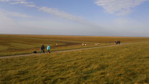 Man and woman walking on footpath amidst grassy field against sky