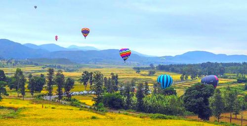 Hot air balloon flying over landscape against sky