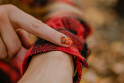 Close-up of woman hand ladybug
