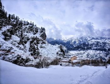 Snow covered landscape against sky