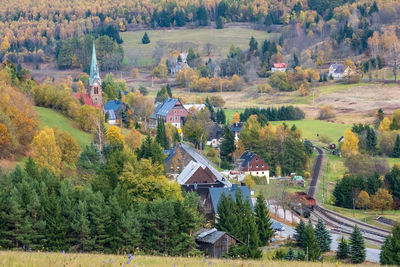 High angle view of trees and houses during autumn