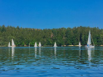 Scenic view of lake against clear blue sky