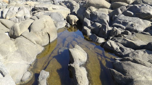 High angle view of rocks in river