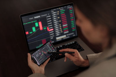 Young business girl looking at trading graphs on office computer and mobile phone