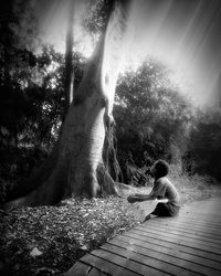 Woman standing on tree trunk