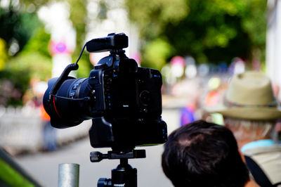 Close-up of video camera during press conference