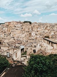 High angle view of old buildings in town