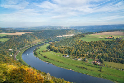 View from a mountain to the elbesandstone mountains across the river elbe in saxon switzerland