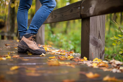 Low section of person wearing autumn leaves