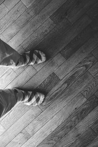 Low section of person standing on hardwood floor