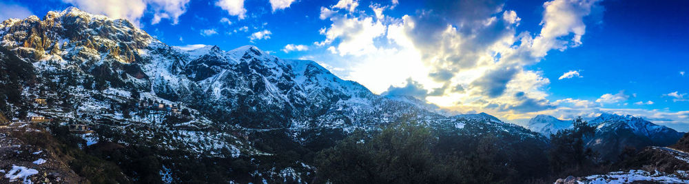 Panoramic view of snowcapped mountains against sky