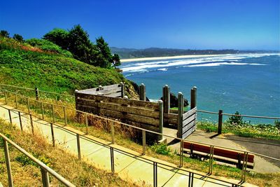 High angle view of sea against clear blue sky