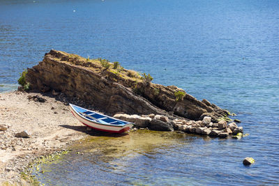 Boat moored on sea shore